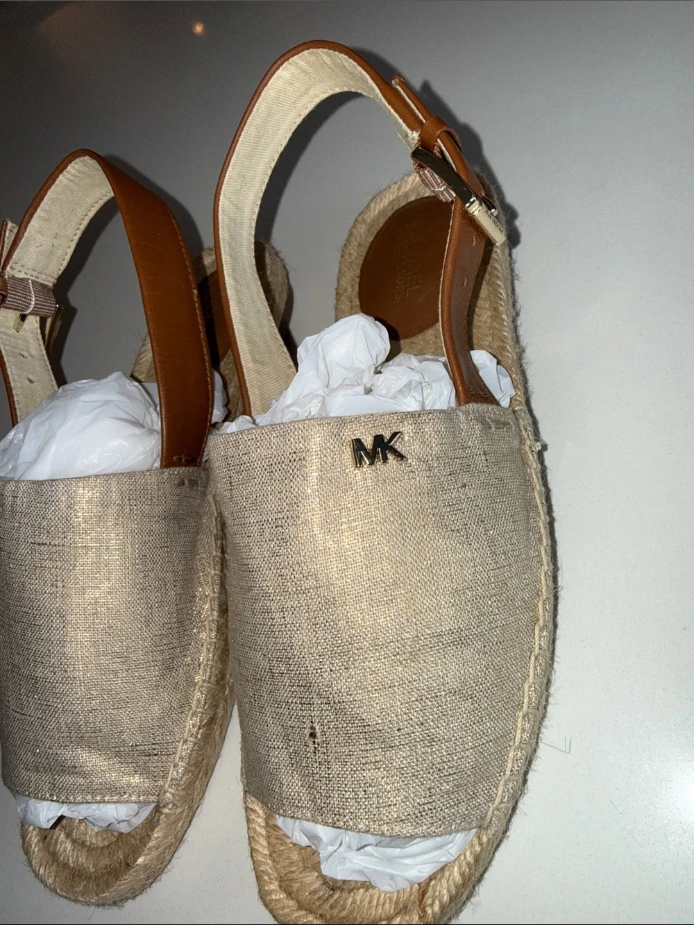 MICHAEL Michael Kors Fisher Metallic Gold Linen Espadrille Sandals | Size 6.5